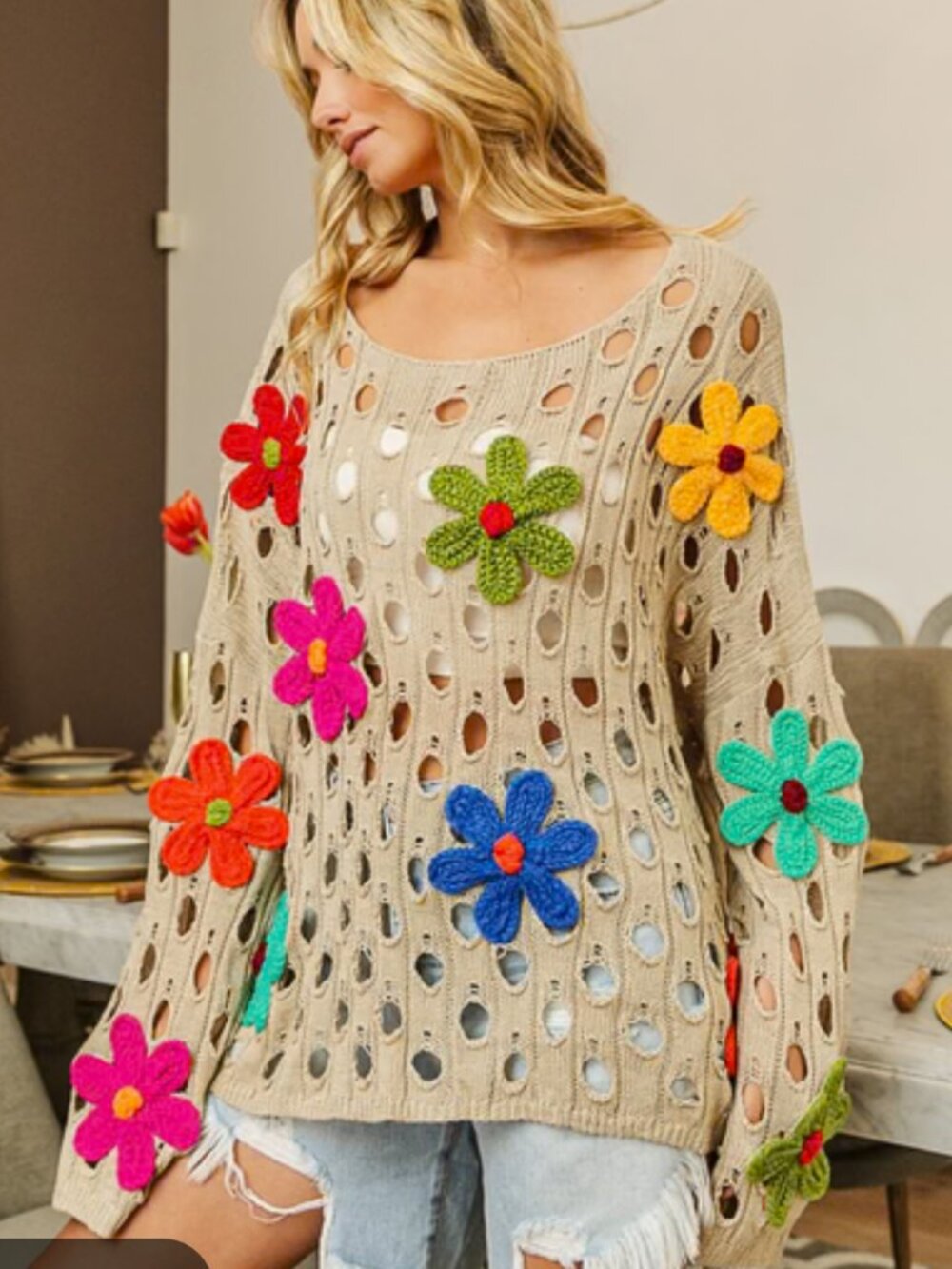 BiBi perforated women's oatmeal sweater with Flower appliques  festival boho S
